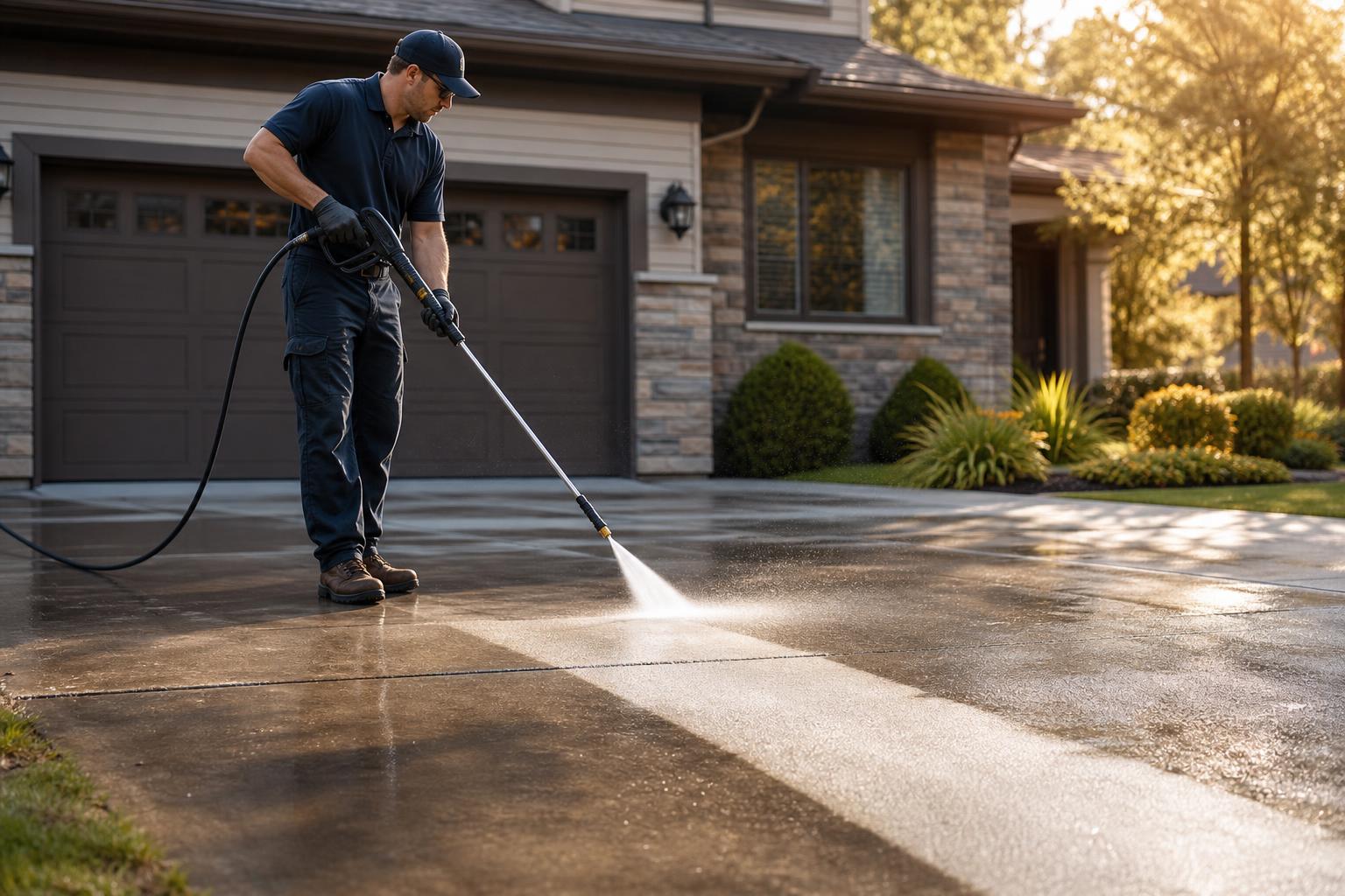 Professional technician pressure washing a residential concrete driveway in Mountain Top, PA
